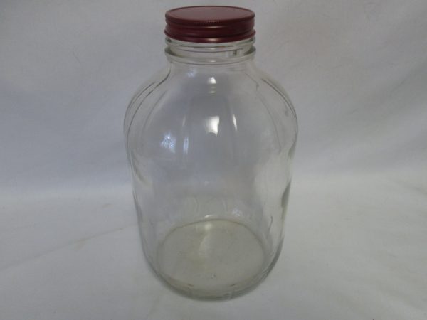 Vintage Hazel Atlas Glass Kitchen Storage Jar~marbles buttons dog treats garage laundry glass jar 1 gallon ribbed top burgundy metal lid