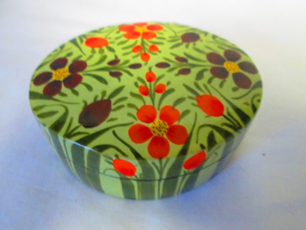 Vintage Lacquer Mid Century Trinket Box Green leaves Orange and brown flowers, yellow centers oval box