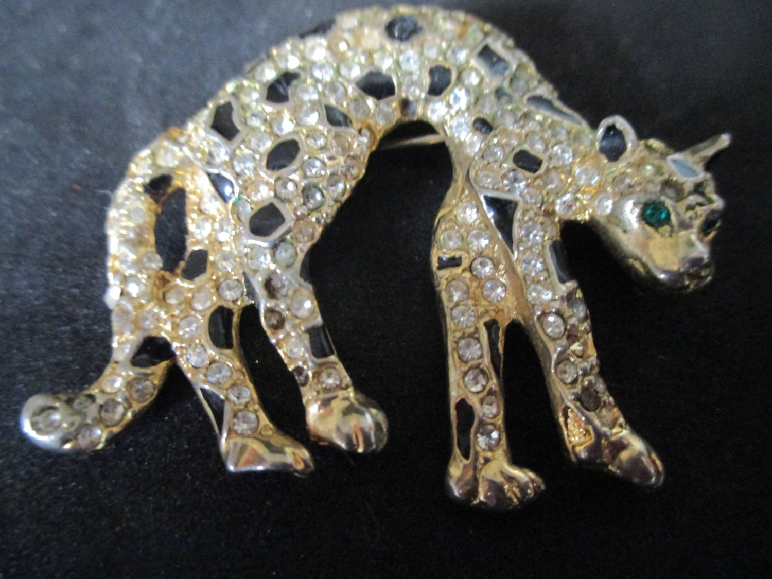 Vintage Leopard Pin gold with Black and clear rhinestones green ...