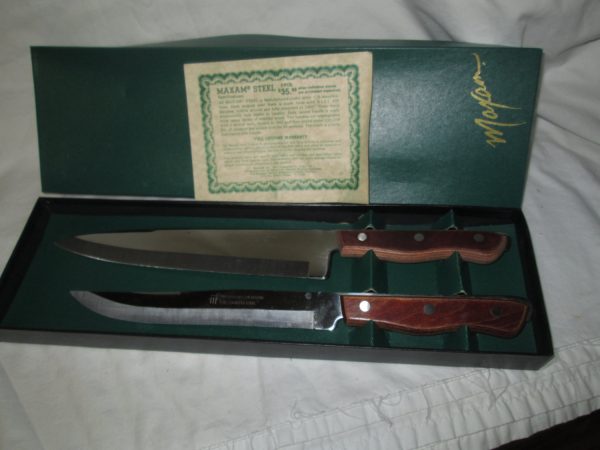 Vintage Maxam Pair of Stainless Steel Carving Knives Layered Wood Handles with Tang running through Lifetime Guarantee