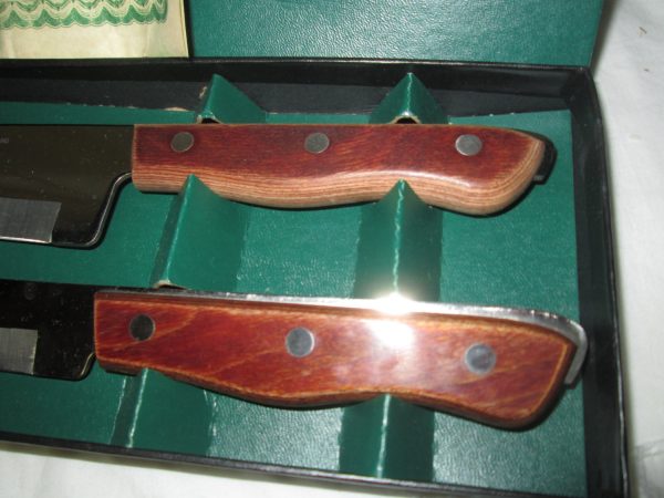 Vintage Maxam Pair of Stainless Steel Carving Knives Layered Wood Handles with Tang running through Lifetime Guarantee