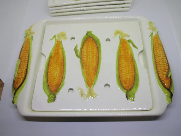 Vintage Mid Century Corn Holders with table top corn tray with trivet for draining Great mid century set