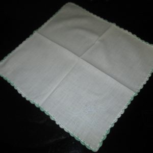 Vintage Mid Century Japan Cotton Hankie Handkerchief blue Cotton 111x11 white with green crochet trim