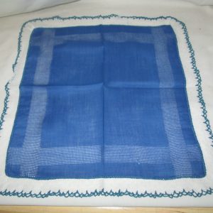 Vintage Mid Century Japan Cotton Hankie Handkerchief blue Cotton 12x12 blue with white and blue chrocet trim