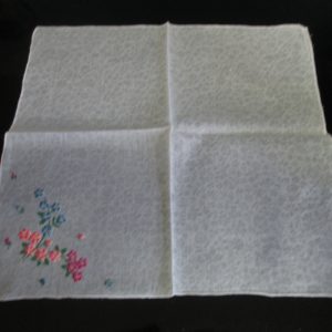 Vintage Mid Century Japan Cotton Hankie Handkerchief White Cotton 10.5x10.5 with floral pattern background Cross stitch