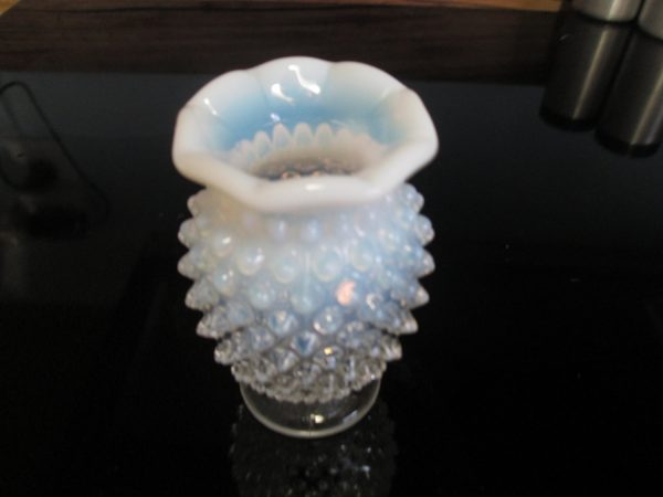 Vintage Miniature White Hobnail Vase with Opalescent White with clear with scalloped rim