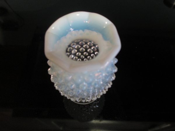 Vintage Miniature White Hobnail Vase with Opalescent White with clear with scalloped rim