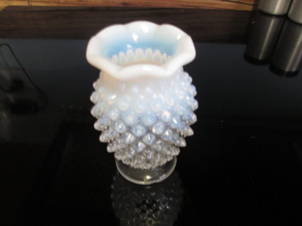 Vintage Miniature White Hobnail Vase with Opalescent White with clear with scalloped rim