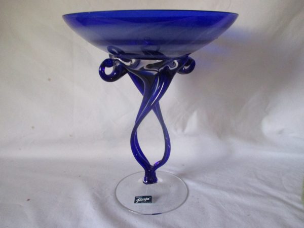 Vintage New Old Stock Alicja Poland Hand made tall glass twisted base compote bowl decor swirl top hand blown glass with original label