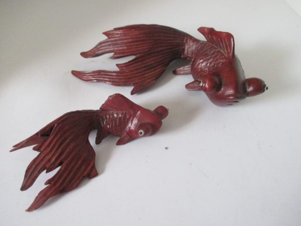 Vintage pair of Rosewood carved koi coy koy figurines with glass eyes finely detailed home Asian collectible display decor Netuske gold fish