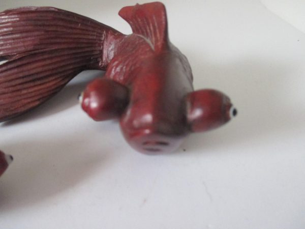 Vintage pair of Rosewood carved koi coy koy figurines with glass eyes finely detailed home Asian collectible display decor Netuske gold fish