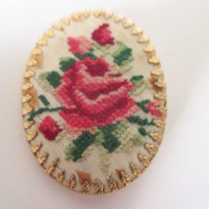 Vintage Petite Point Rose floral hand stitched floral pin brooch in gold metal trim