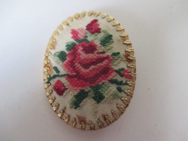 Vintage Petite Point Rose floral hand stitched floral pin brooch in gold metal trim