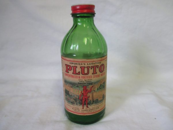 Vintage PLUTO America's Laxative 8oz Glass Bottle Embossed Bottom Devil Label, front label & lid