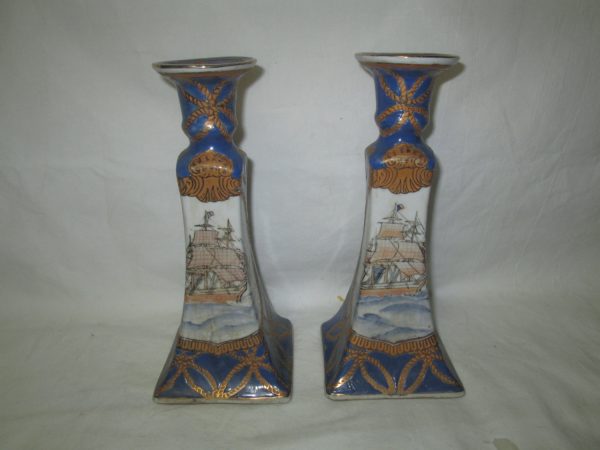 Vintage Porcelain Hand Painted Candlestick Holders Beautiful pattern with ships blue and white with gold trim