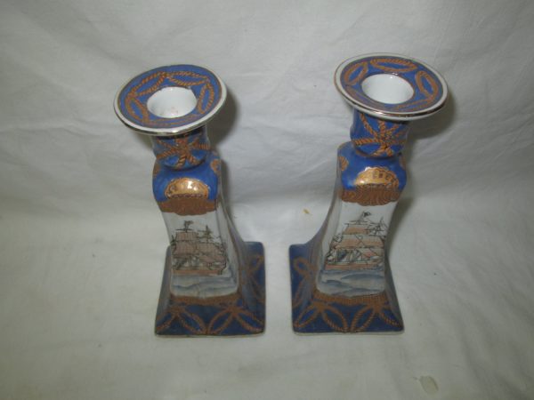 Vintage Porcelain Hand Painted Candlestick Holders Beautiful pattern with ships blue and white with gold trim