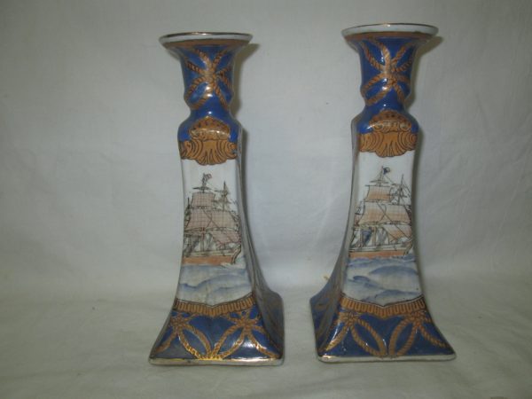 Vintage Porcelain Hand Painted Candlestick Holders Beautiful pattern with ships blue and white with gold trim