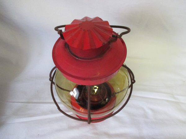 Vintage Round Yellow Glass Red Railroad Lantern Kerosene No damage Unusual shape