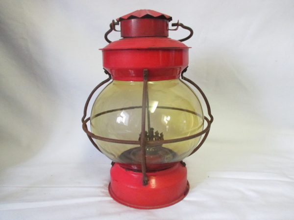 Vintage Round Yellow Glass Red Railroad Lantern Kerosene No damage Unusual shape