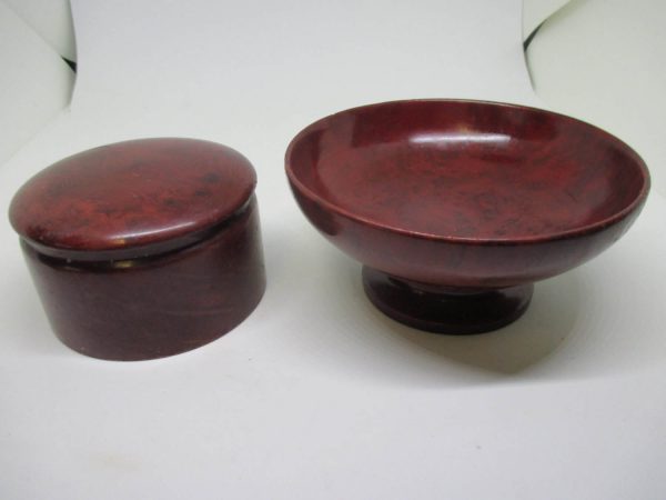 Vintage Souvenir of California Redwood Dresser set Trinket box and change holder trinket dish pedestal bowl