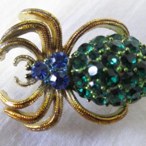 Vintage Spider Brooch Beautiful Rhinestones Green and Blue 1.5" across