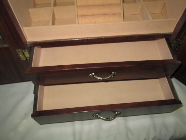 Vintage Wooden Jewelry Box with Metal Pulls, Lined and Beveled glass doors, mirrored back great condition