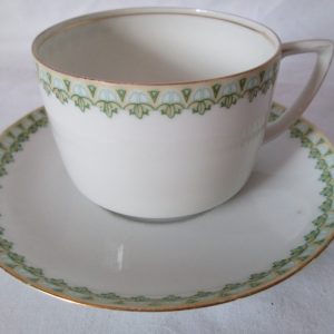 Vintage WWII Era Austria Tea Cup & Saucer Fine China Cup 2" tall Saucer 5.50" across Green and aqua pattern gold trim