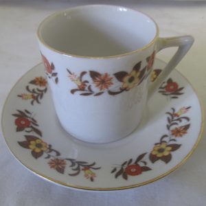 Vintage WWII Era Chinese  Demitasse Tea Cup and Saucer Fine China Cup 2.50" tall Saucer 4.75" across Retro Orange & Yellow floral gold trim