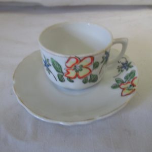 Vintage WWII Era Japan Demitasse Tea Cup and Saucer Fine China Cup 1.50" tall Saucer 4" across Japan Yellow & Red Floral