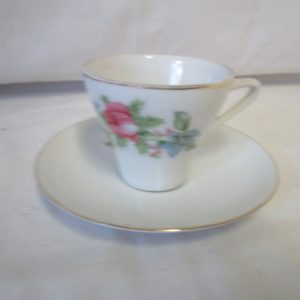 Vintage WWII Era Japan Demitasse Tea Cup and Saucer Fine China Cup 2.25" tall Saucer 4.5" across Blue & Pink Flowers gold trimmed