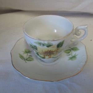 Vintage WWII Era Japan Demitasse Tea Cup and Saucer Fine China Cup 2.50" tall Saucer 4.5" across Japan Yellow Floral Green Leaves Gold trim