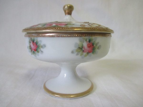 Vintage WWII Era Nippon Hand painted fine bone china covered pedestal trinket box Pink roses lots of dainty gold trim pin ring jewelry dish