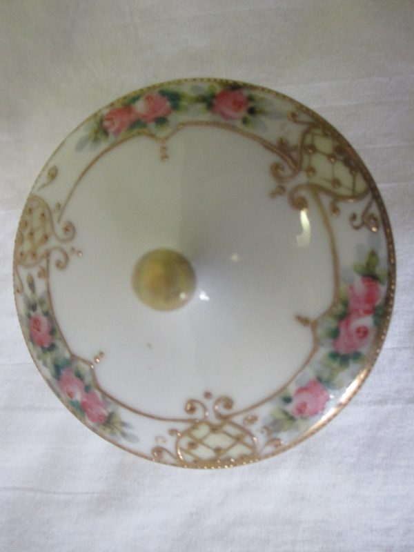 Vintage WWII Era Nippon Hand painted fine bone china covered pedestal trinket box Pink roses lots of dainty gold trim pin ring jewelry dish