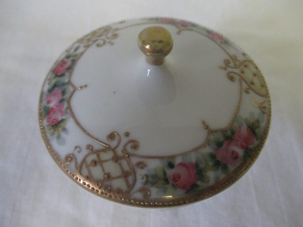 Vintage WWII Era Nippon Hand painted fine bone china covered pedestal trinket box Pink roses lots of dainty gold trim pin ring jewelry dish