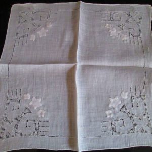 White on white applique flowers and dainty cut work hankie handkerchief 10x10