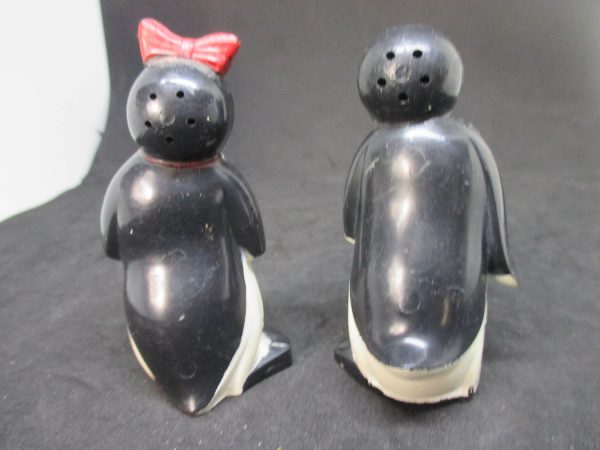 Willie and Millie Penguin Salt & Pepper Shakers decor collectible display tableware dinning kitchen farmhouse cottage Hard Plastic 1950's