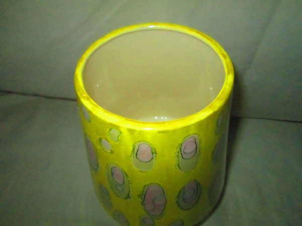 WOW 1950's Mid Century Ceramic Modern Pedestal Vase Yellow with gray and green slight pink or light purple fantastic design