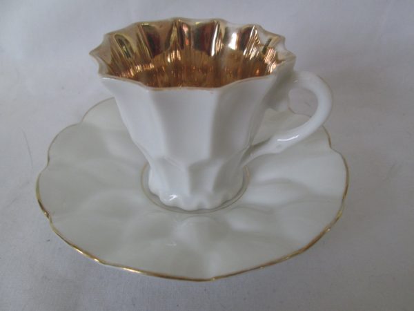 WWII Era Fine China Demitasse Tea Cup & Saucer White with Gold inside Saucer 4" across Cup 2" tall 2 1/4" across top