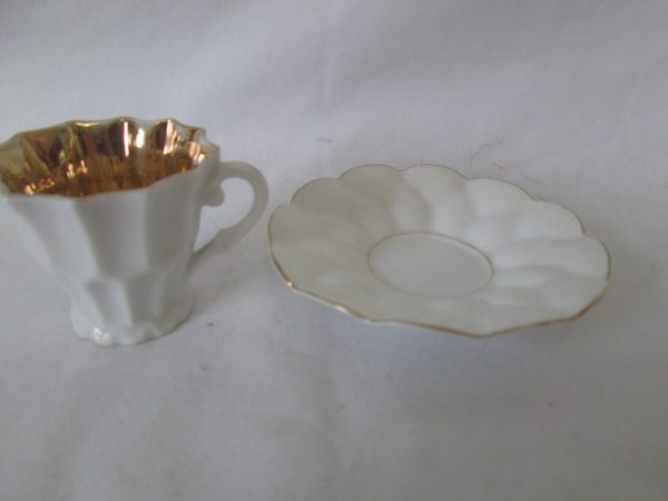 WWII Era Fine China Demitasse Tea Cup & Saucer White with Gold inside Saucer 4" across Cup 2" tall 2 1/4" across top