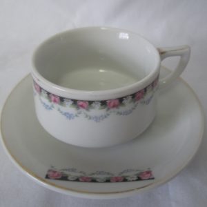 WWII Era Germany Fine China Demitasse Tea Cup & Saucer Pink Roses Blue flowers Saucer 4 1/4" across Cup 1 1/2" tall 2 1/4" across top