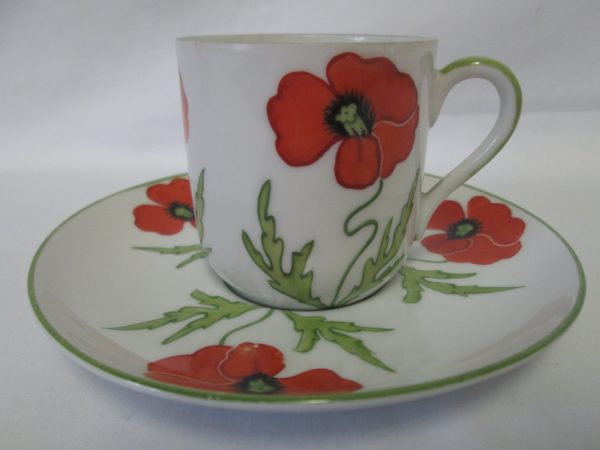 WWII Era Germany Fine China Demitasse Tea Cup & Saucer Red Poppies Green Trim Saucer 5" across Cup 2 1/4" tall 2 1/4" across top