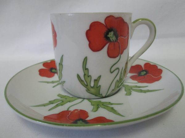 WWII Era Germany Fine China Demitasse Tea Cup & Saucer Red Poppies Green Trim Saucer 5" across Cup 2 1/4" tall 2 1/4" across top