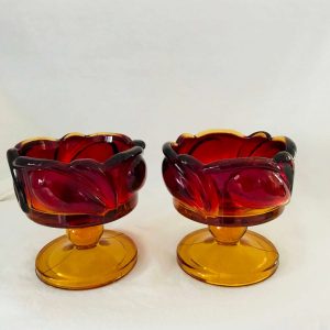 Amberina Glass candlestick holders candle holders red and yellow mid century modern pedestal base collectible display retro mod atomic