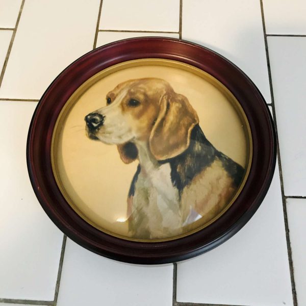 Antique beagle litho round wooden frame with convex glass farmhouse nursery collectible display