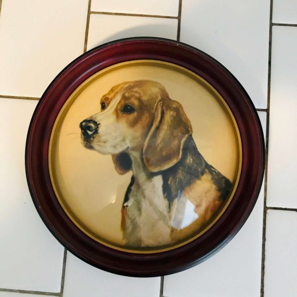 Antique beagle litho round wooden frame with convex glass farmhouse nursery collectible display