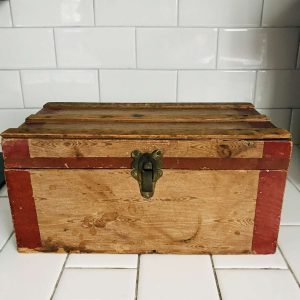 Antique Box Wooden Small Trunk with insert leather handles latch front farmhouse doll trinkets collectible display latch front no key