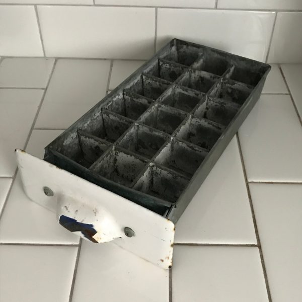 Antique Freezer Drawer Ice Cube tray Galvanized metal enamel front farmhouse cottage herb garden seed starter window box removable dividers