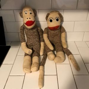 Antique hand made Mr. & Mrs. Sock Monkeys collectible display farmhouse child's room brown red black