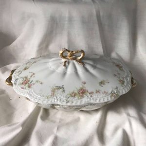 Antique Limoges Pink Floral Princess Covered Casserole Double handled France 1800's farmhouse collectible serving dining