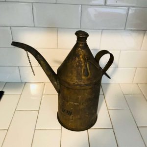 Antique Metal Petroleum can England 2 Liter Farmhouse Garage Collectible display rustic primitive home decor